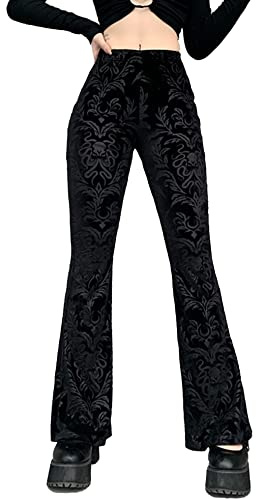 FEOYA Pantalones góticos negros para mujer, pantalones de terciopelo huecos, cintura alta, acampanados, pantalones de fiesta, ropa de calle, clubwear, A1, M