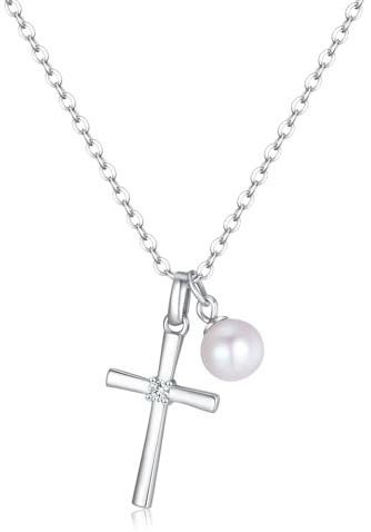 GAVU Collana Argento 925 Donna con Ciondolo Croce con Perla, Collana Croce Cristiana Donna in Argento 92