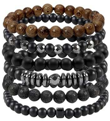 Eigso 6 st träpärlor manschettarmband för kvinnor män unisex tibetansk buddhistisk wrap träarmband armring för kvinna man, 6.5 inches - 7.68 inches, Trä, Lavasten