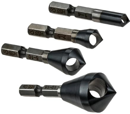 Juego de 4 brocas avellanadoras HSSCO M35 for desbarbado de cobalto, broca de corte de orificio de chaflán de 90 grados (1-4 2-5 5-10 10-15) for madera y metal
