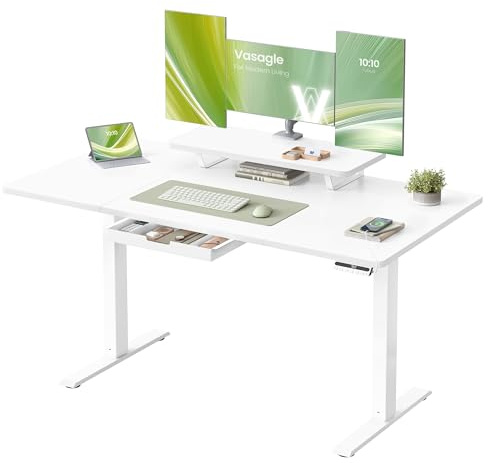 VASAGLE Escritorio Eléctrico Ajustable en Altura, 140 x 70 cm, para Trabajar de Pie, Soporte para Monitor, Cajón, Puerto USB-C, Recordatorio de Sedentarismo, para Oficina, Blanco Nube LSD154WB01