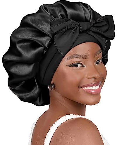 YANIBEST Bonnet de sommeil en soie pour femmes, double couche, doublure en satin avec lien pour cheveux bouclés