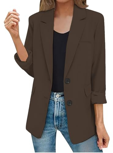 AMDOLE Blazers for Women UK Elegant Long Sleeve Blazer Jacket With Pocket Ladies Fashion Solid Color Office Button Blazers Cardigans Casual Lapel Collar Work Business Suit Jacket Coffee L