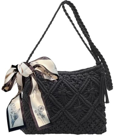 HTTDSLF Sommer Strandtasche Damen Umhängetasche Häkeltaschen, Strohtasche für Frauen, Strohtasche Damen Stroh Umhängetasche Vintage Strandtasche mit Quaste, für Damen Mädchen
