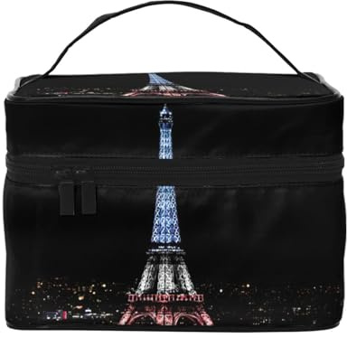 Eiffel Tower Cosmetic Bag with Handle-Large-Capacity Layered Travel Storage Bag Cosmetic Box with Zipper