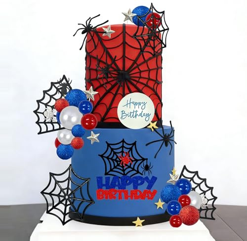 Tyotrbs Superhero Birthday Cake Decoration Superhero Party Favors Cupcake Decor Spider Cake Decoration Spider Birthday Party (Silver-blue)