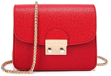 Honeymall Kleine Damentasche Umhängetasche Citytasche Schultertasche Handtasche Elegant Retro Vintage Tasche Kette Band(Rot)