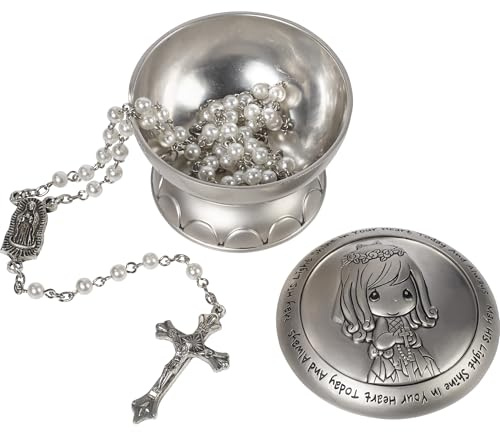 Precious Moments 172409 Rosenkranz mit der Aufschrift „May His Light Shine in Your Heart Today & Always Girl“ zur Erstkommunion, silberfarbene Zinklegierung