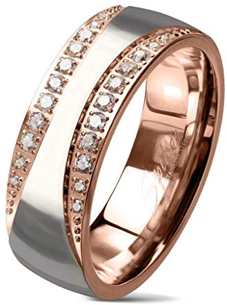 viva-adorno Damen Ring Verlobungsring Edelstahl zweifarbig Rosegold Silber mit 2 Zirkonia Bändern RS60