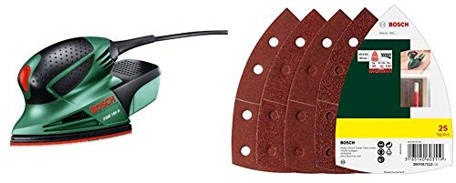 Bosch DIY Multischleifer PSM 100 A, 3 Schleifblätter K 80/ K 120/ K 160, Koffer + Bosch 25tlg. Schleifblatt Set (Holz, Füller, Spachtel, Farbe, Lack, Zubehör für Multifunktionswerkzeuge)
