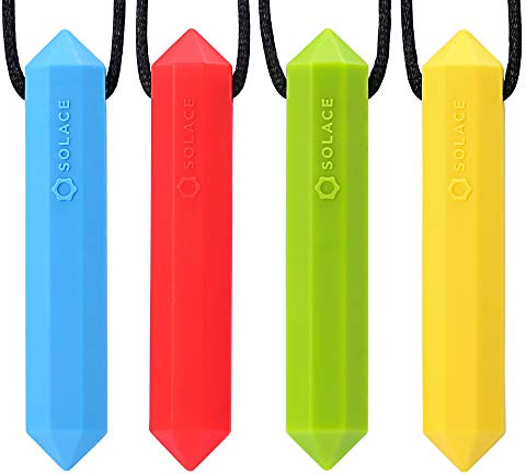 CHEWELRY Chew Necklace for Boys & Girls - Sensory Chew Necklaces for Kids ADHD Autistic Autism - Oral Motor Chewing Biting Needs Chewlery - Crystal 4-Pack by Solace (Age 5+)