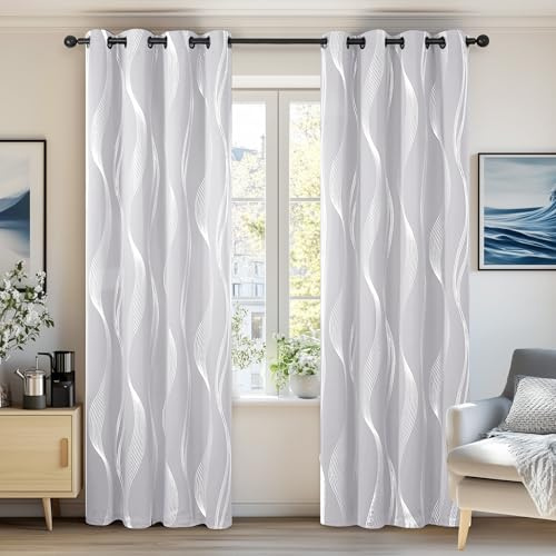 Deconovo Vorhang Verdunkelung Vorhang, Thermo Gardinen, Fenstervorhang für Schlafzimmer, Ösenvorhang mit Ösen, 138x117 cm(HöhexBreite), Silber Grau, 2er Set