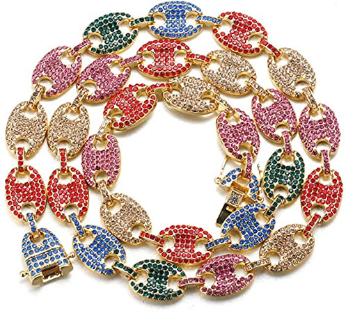 Halukakah Diamant Goldkette für Männer,13MM Herren 18 Karat Echt Vergoldet Regenbogen Kaffee Bohnen Kette Halskette 50cm,Mehrfarbig Labordiamanten Zinken-Set,mit KOSTENLOSER Geschenkbox