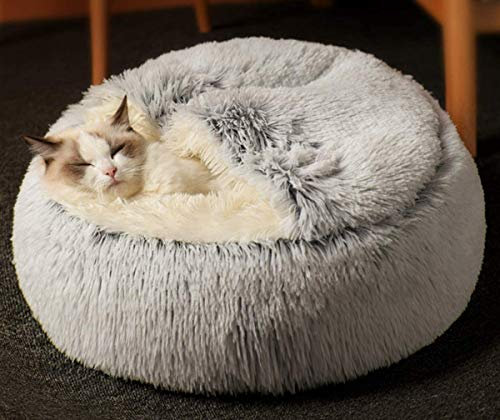Yanman 2 in 1 Katzenbett Flauschiges katzenhöhle, Waschbares Tierbett Winter Geschlossen Katzenkissen, Körbchen Schlafplatz für Katzen klein Hunde bequem schlafen und kuscheln