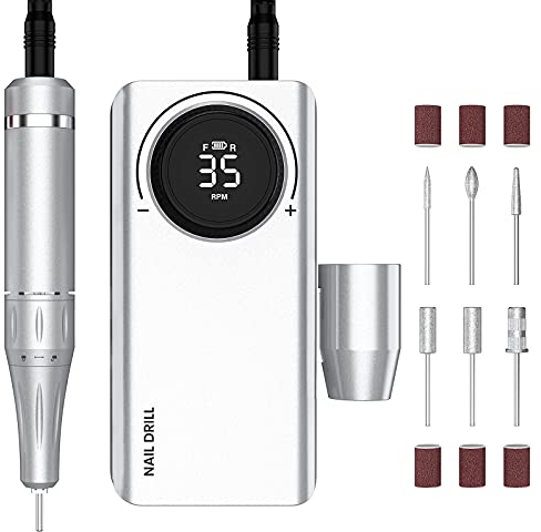 Nagelfräser Akku 35000 U/Min, Maniküre Pediküreset Elektrisch Nagelfräser 6 in 1 mit Aufsätze, Delanie Nagelfeilen für Gelnägel Acrylnägel Entferner, LED-Anzeige und USB-Aufladung -Silber
