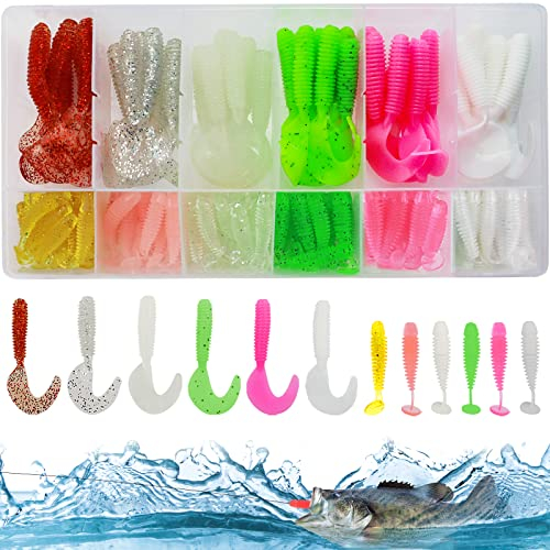 GZhaizhuan 72 STK Gummifisch Set, Künstlich Weicher Fehler Angelköder für Angeln Barsch, Forelle, Zander, Hecht, mit Box (Zwei Stile, Mischfarbe)