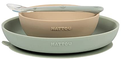 Nattou 876780, Stoviglie in silicone per bambini, 3 Pezzi, 1 Cucchiaio, 1 Piatto piano, 1 Piatto fondo, Antiscivolo, Senza BPA, Silicone, Beige/Verde