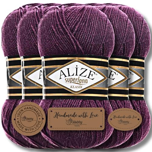 Hobby YARN 3x Etikettenlabel mit Alize Superlana Klasik Wolle Premium 5x100g als Set, Yarn, Garn, Strickgarn, Einfarbig, Baby, zum Häkeln, Stricken, Kleidung, Schals (Plum - 111)