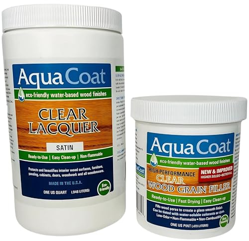 Aqua Coat Water Based Wood Finishing Bundle – High Performance Clear Wood Grain Filler Gel, Clear Lacquer Satin, Applicator, Sanding Pad, DIY, Low Odor, Fast Drying, Extreme Clarity, Water Cleanup