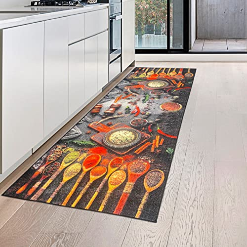 Teppich-Traum Küchenläufer Küchenteppich Kochlöffel Gewürze 80x200 cm | Pflegeleicht, strapazierfähig, rutschfest und allergikerfreundlich, maschinell gefertigt, für Küche, Essbereich und Bar