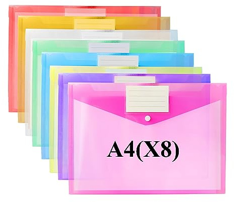 LOCCY Dokumententasche A4 Transparent mit Druckknopf, 8 Stück Dokumentenmappe mit Etikettentasche 8 Farben Transparent Dokument Organisieren für Schule Zuhause Büro Schreibwaren (A4-8 Stück)