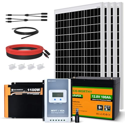 ECO-WORTHY pannello solare da 2 kW, 480 W, 12 V, con inverter e batteria indipendente per camper: 4 moduli solari da 120 W, regolatore di carica da 60 A, batteria al litio da 100 Ah + inverter da 1100