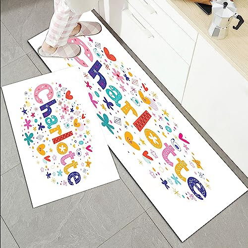 Küchenläufer Küchenmatte 2 Stück 45x70cm+45x120cm,Charlotte, glücklich lächelnde Sterne und Herzen freudige Komposition ,Rutschfest Pflegeleicht, Anti-Müdigkeit Küchenteppich Teppich Läufer für Küche