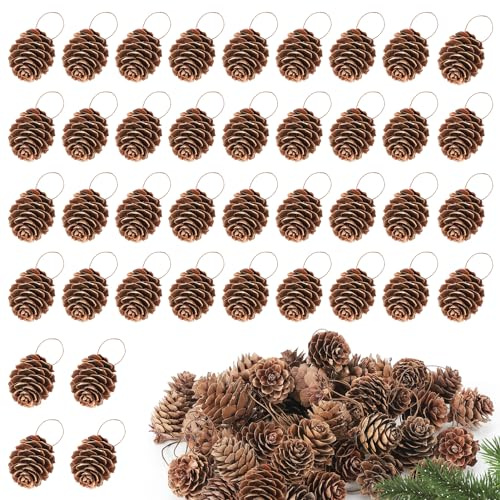 1.2 Natural Small Pine Cones Christmas Ornaments - 40 Pcs Hanging Pinecone Crafts with Strings, Bulk Rustic Yule Decoration for Tree Garland Wreath Table Gift Tag Vase Filler