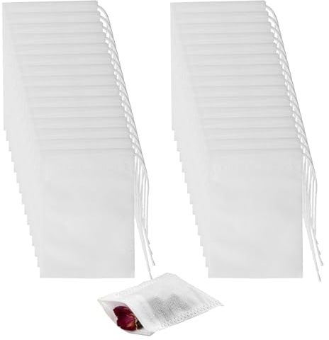 Pumuky Lot de 100 Sachets Filtre à Thé Jetables,7cm X 9 cm avec Cordon Sachet de Thé,Blanc Filtre à Thé pour Thé Parfumé, Épices,Vanille,Lavande, Café, CYD-100