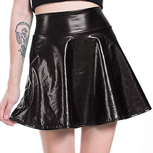 Damen Lässige Modische Glänzenden Einfarbig A Linie Performance Kleidung Gazerock Klassisch Elastische Taille Vielseitiger Damenrock Plisseerock Kurz Hohe Bund Mit Falten Freizeitrock (Black, L)