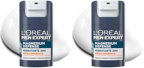 L'Oréal Men Expert, Crema Facial Hidratante 24H Para Hombre, Hipoalergénica Mineral de Magnesio + Ácido Hialurónico, Sin alcohol, Pieles Sensibles, 50 ml (Paquete de 2)