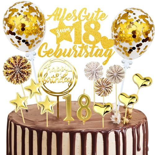 Tortendeko 18. Geburtstag Junge Mädchen, 20 Stück Cake Topper, Glitzer Alles Gute zum 18. mit Geburtstagskerzen für Party Deko (Gold)