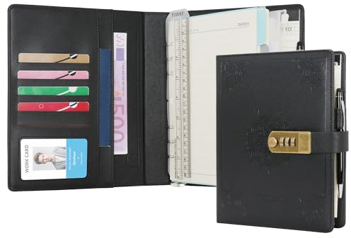 WASON Tagebuch mit Schloss A5 Liniertes Notizbuch Ringbuch Portfolio, Nachfüllbares Schreib Papier Journal, Stift, Klemmbrett Planer Organizer für ideal Geschäft, Schule & Reisen (Schwarz)