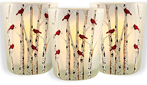 Cardinals Christmas Lighted Candle Holders - Cardinals on Birch Branches on Frosted Glass - Holiday Candleholders - Set of 3 Holders with LED Candles - 2.75 H X 2.25 W