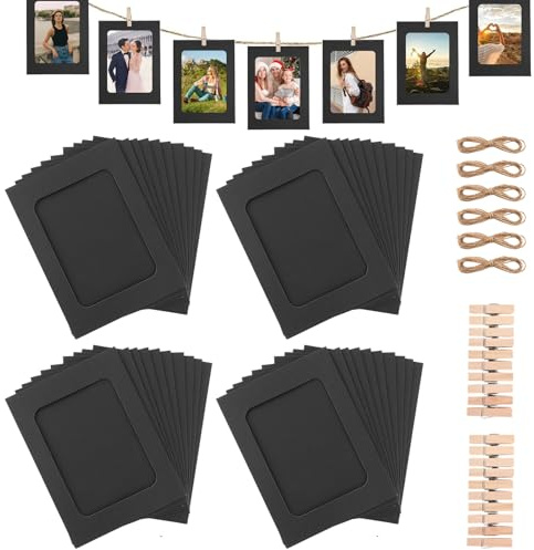 GBACHOOSE Lot de 60 cadres photo en carton à suspendre - 10 x 15 cm - Guirlande photo en papier - Album suspendu - Corde et clips - Noir - Pour la maison, l'école ou la décoration de fête