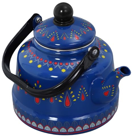 Amosfun Enamel Stovetop Tea Kettle 2.5l Vintage Blue Red Retro Kitchen Water Pot Porcelain Enameled Coffee Tea Pot Suitable for Electric and Gas Stove