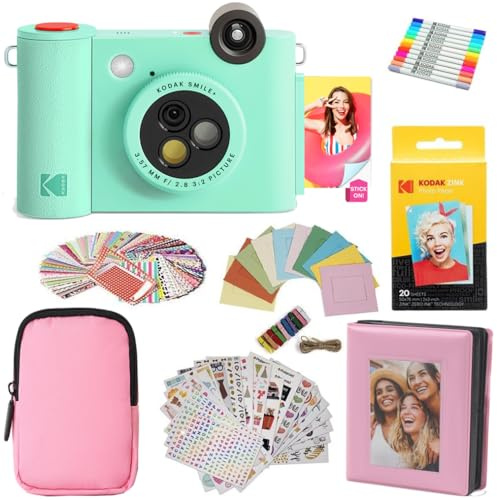 KODAK Smile+ - Paquete de Regalo de cámara instantánea Digital e Impresora fotográfica 2 en 1, Funda + Papel Zink + álbum + calcomanías + Marcos + marcadores, Color Verde