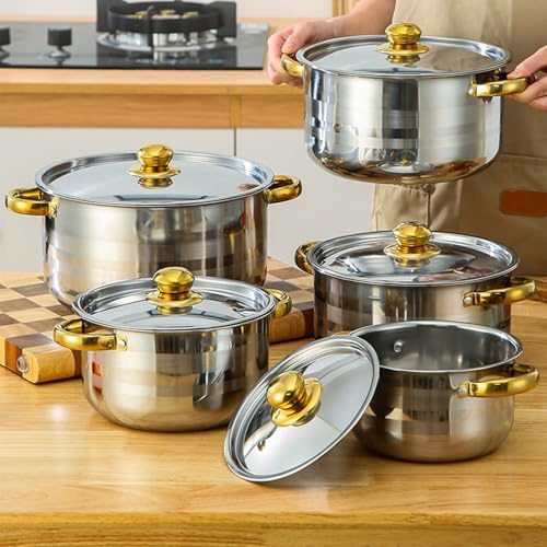Utensilios de cocina de 10 piezas para inducción, ollas y sartenes, juego de cacerolas de acero inoxidable, 5 piezas, con 5 tapas, juego de cacerolas compatible con inducción