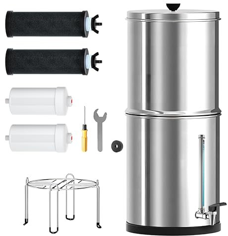 Umisu Système de Filtration d'Eau par Gravité 8.5L, Système de Comptoir en Acier Inoxydable 304 à Ultra-Filtration en 8 Étapes avec 4 Filtres et Support, avec Indicateur de Niveau d'Eau en Verre