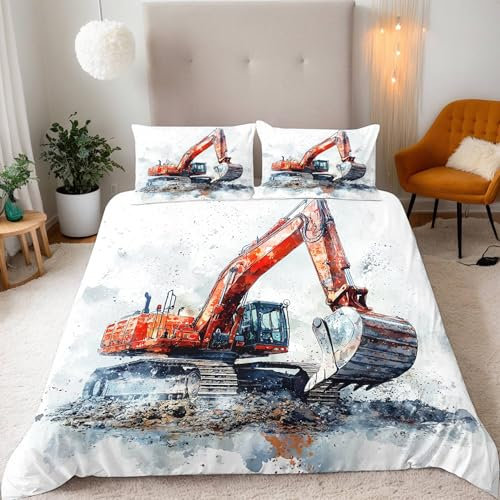 Bettwäsche 150x200 cm 3D Auto Baufahrzeuge Bagger Druck Kinder Bettwäsche-Sets 3teilig Mikrofaser Bedding Bettbezug 150x200 Weich Bettbezüge + 2 Kissenbezüge 80x80 Mit Reißverschluss Eckbinder