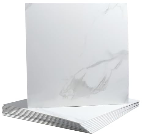 CREATCABIN 10 Morceaux Marbre Blanc Décapant Coller Tuiles Résistant Aux éclaboussures Imperméable l'eau PVC Autocollant Panneau Mural Carré 30x30cm WC Douche Carrelage Cuisine Salle Bains Buanderie