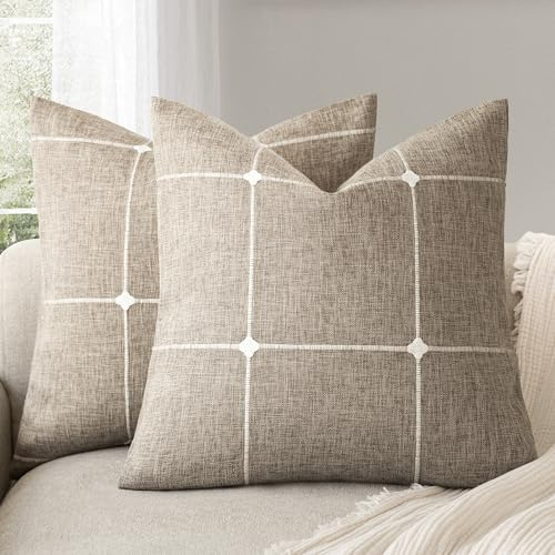 Foindtower Pack of 2 Decorative Faux Linen Jacquard Check Throw Pillow Covers Farmhouse Cushion Cover with Grid Textured Accent Pillowcase for Couch Sofa Living Room Home Decor,20×20 Inch,Oatmeal