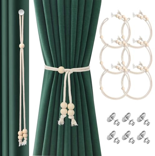 OOTSR 6 Piezas Alzapaños Cortinas, Abrazaderas Recoge Sujeta Cortinas Ajustable, Curtain Tiebacks Trenzados, Retención de Cuerda de Cortina Algodón para Decoración de Dormitorio Salón Oficina