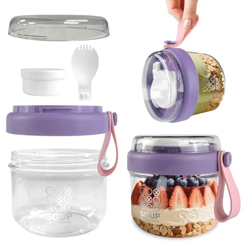 Overnight Oats Jar, Pot Overnight Oat Verre, Bocal Salade Jar avec Bac à Sauce et Cuillère, Bol Muesli à Emporter pour Conserver l’Avoine, le Yaourt, les Fruits, le Petit-Déjeuner, 650 ml, Violet