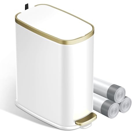 KUK Small Bathroom Trash Can with Lid Soft Close, Step Pedal, 2.6 Gal Stainless Steel Garbage Can with Removable Inner Bucket, Anti-Fingerprint Wastebasket for Office, Bedroom, Toilet (White)