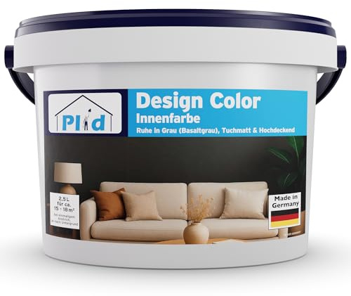 Plid Design inre färg grå 2,5 l [hög täckkraft] Designfärg basaltgrå – färgglad väggfärg – matta väggfärg – för ca 15–18 m² i professionell kvalitet – andningsbart och dropphämmat