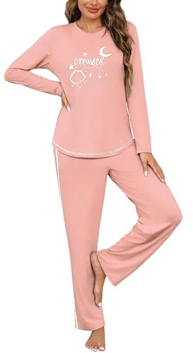 Terecey Pigiama Invernale Donna Stampato Pigiami 2 Pezzi in Cotone Top a Manica Lunga e Pantaloni Set Pigiama Tinta Unita con Tasca e Cintura Elastica para Casa