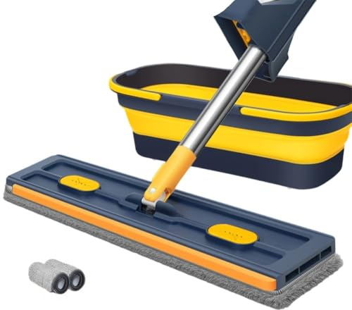 Trapeador giratorio de 360°, trapeador plano grande con mango telescópico para limpieza de azulejos y madera dura (mopa+2 paños + cubo plegable azul)