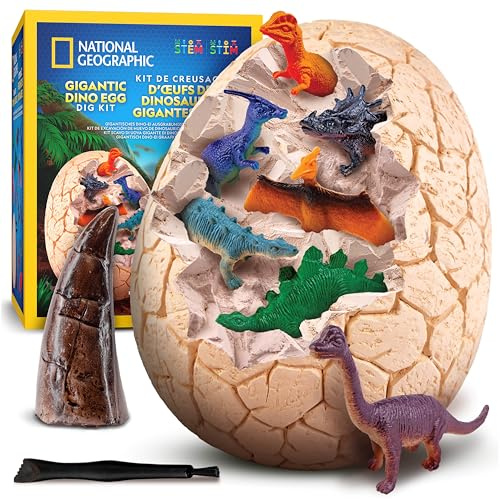 NATIONAL GEOGRAPHIC Jumbo Dinosaurier Ei Ausgrabungsset – 12 Figuren & Replik eines T. Rex Zahns aus 15 cm Riesenstein, Dino Ei, Wissenschaftsset, Lernspielzeug für Kinder, Ostergeschenke