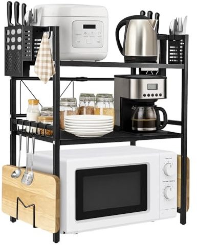 Youyijia Mikrowellen Regal 3-stufig verstellbar (L 40–60cm, H 65–75cm) | Mikrowellenregal Küchenregal aus Stahl mit 8 Haken | Ausziehbares Regal Küche & Bäckerregal – Schwarz